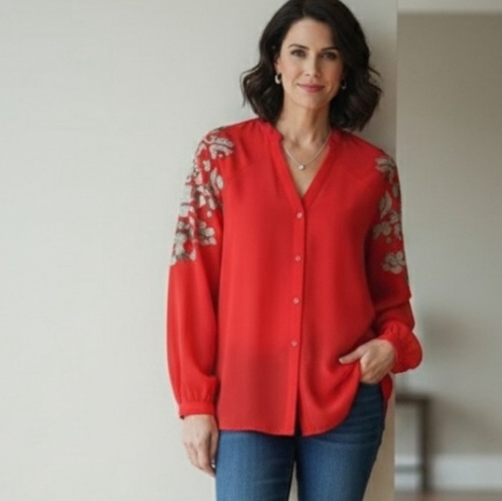 Authentic icon sheer red  beaded blouse XS